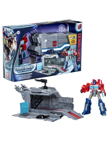 FIGURA DE ACCIÓN TRANSFORMERS EARTHSPARK OPTIMUS PRIME CON REMOLQUE DE COMBATE