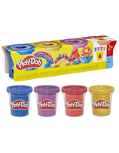Play-Doh, Pack de 4 botes de plastilina especial con brillo metálico