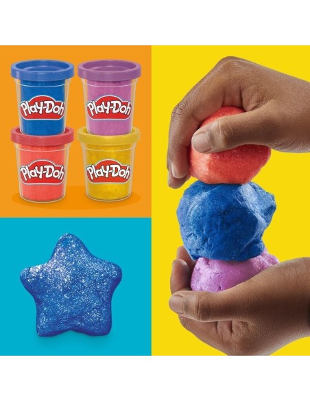 Play-Doh, Pack de 4 botes de plastilina especial con brillo metálico